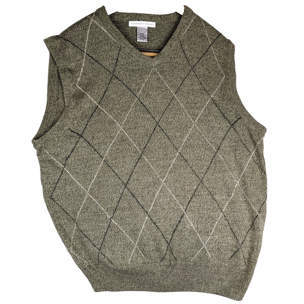 Golf Sweater Vest M Sleeveless Army Green Argyle Preppy Geoffrey Beene Marled
